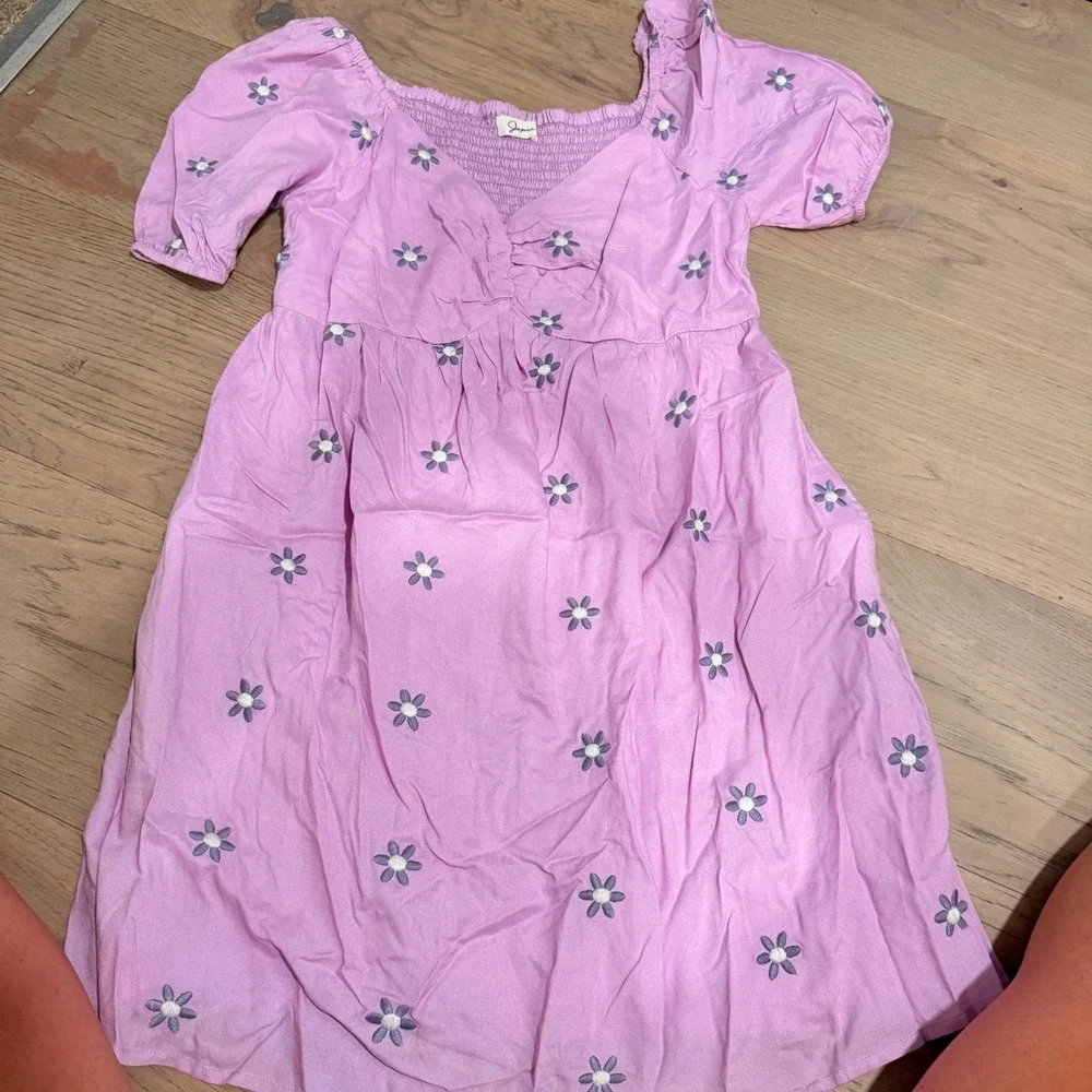 Jopaa Purple Embroidered Daisy Babydoll Dress Sweetheart Puff Sleeve Smocked